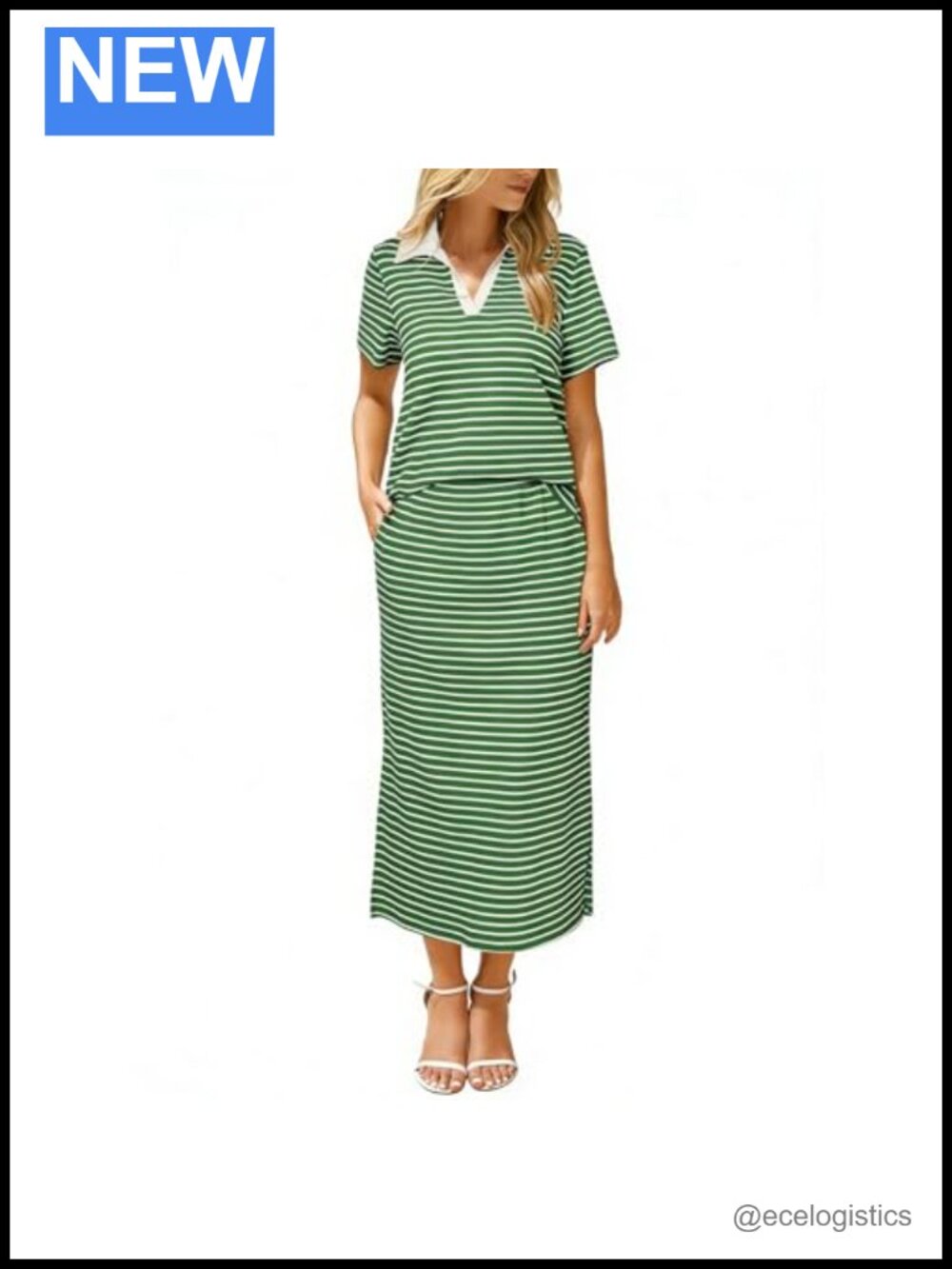 Women's Striped Lounge Two Piece Skirt Set with Pockets Split Maxi Skirt Casual